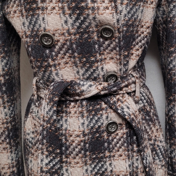 DKNY Retro Y2K Brown Plaid Tweed Double Breasted Belted Midi Peacoat Trench Coat - Picture 4 of 13